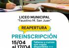El Liceo Municipal “Faustino M. San Juan” reabre la preinscripción para propuestas con vacantes disponibles