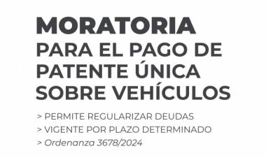 Continúa vigente la moratoria para el pago de Patente Única sobre Vehículos