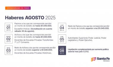 Cronograma de pago de haberes de agosto a trabajadores provinciales