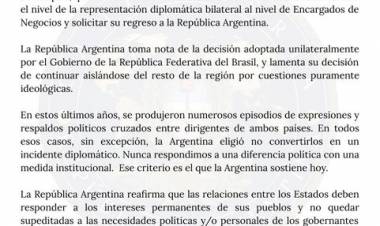La dura respuesta de Argentina a Brasil tras la rebaja de la relación diplomática