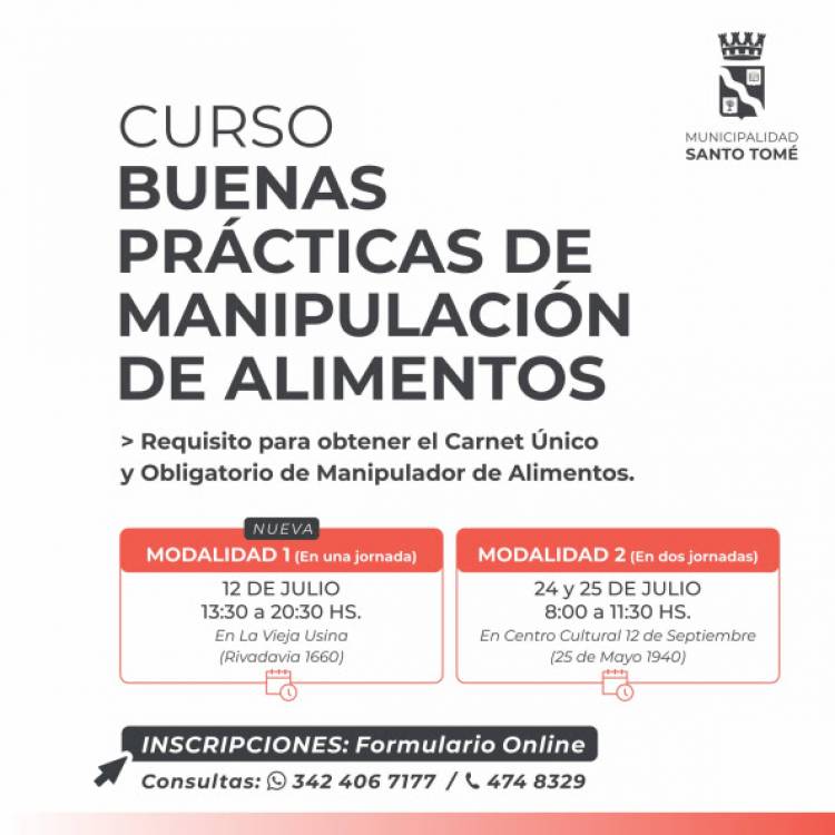 El Curso de Manipulación de Alimentos se podrá realizar en una única jornada
