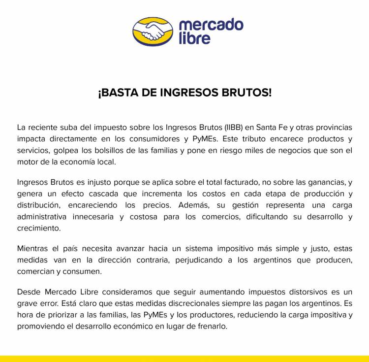 Mercado Libre cuestionó el incremento de ingresos brutos en las provincias