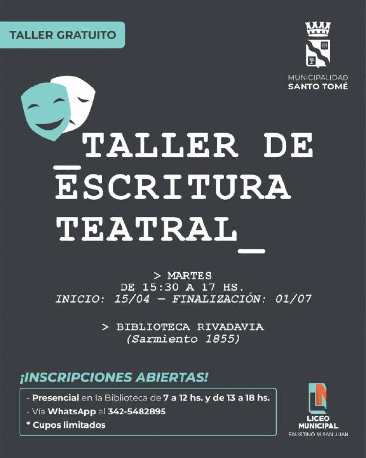 Inscripciones abiertas para participar del Taller gratuito de Escritura Teatral