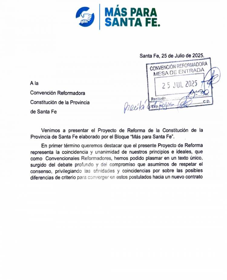 Más para Santa Fe presentó su proyecto de Reforma Constitucional