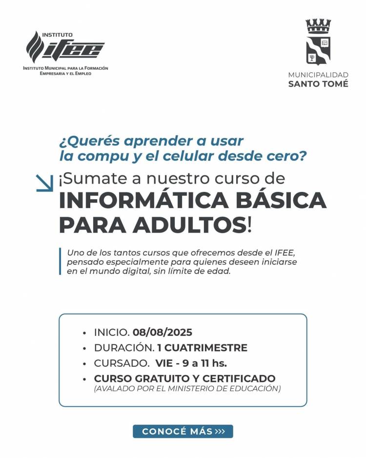 La Municipalidad de Santo Tomé lanza un curso de Informática Básica para personas adultas