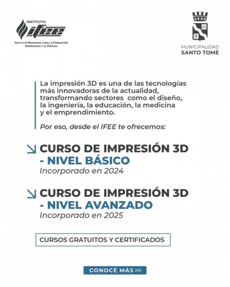 La Municipalidad invita a sumarse a los cursos gratuitos de Impresión 3D en el IFEE