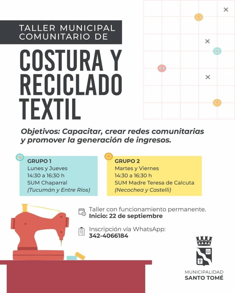 La Municipalidad invita a participar del Taller Municipal Comunitario de Costura y Reciclado Textil
