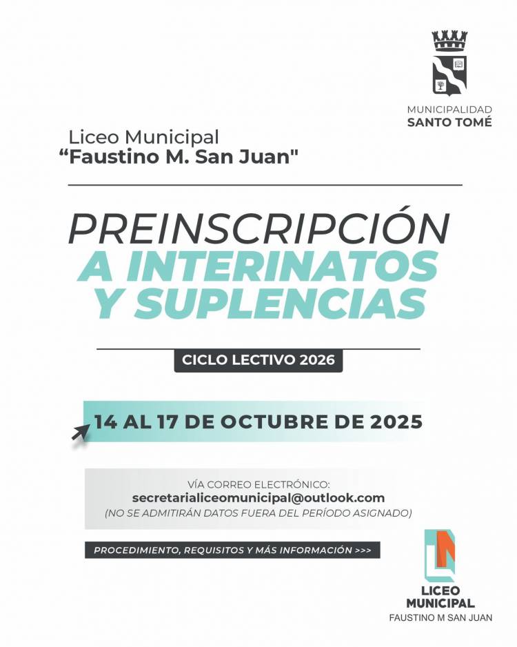 Preinscripción a interinatos y suplencias en el Liceo Municipal “Faustino M. San Juan” – Ciclo lectivo 2026