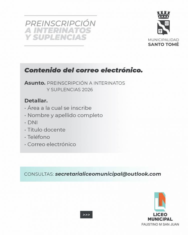 Preinscripción a interinatos y suplencias en el Liceo Municipal “Faustino M. San Juan” – Ciclo lectivo 2026