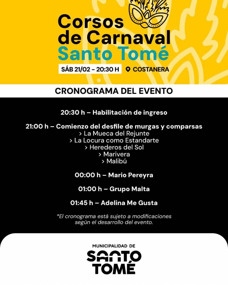 La Municipalidad invita a disfrutar los Corsos de Carnaval en Santo Tomé