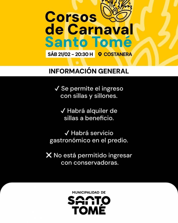 La Municipalidad invita a disfrutar los Corsos de Carnaval en Santo Tomé
