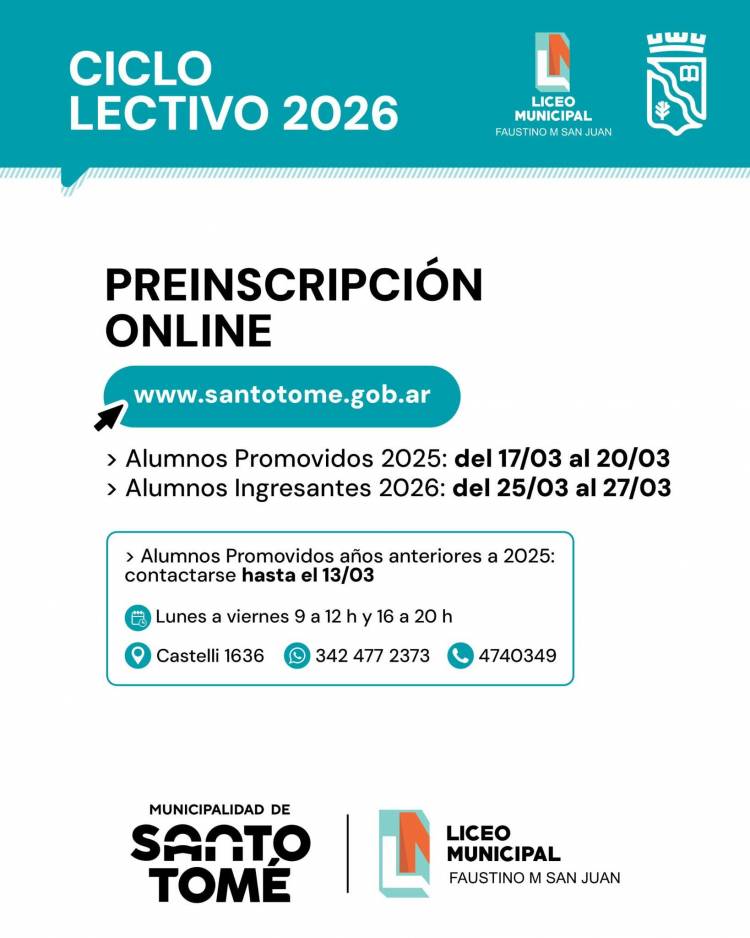 Abren las preinscripciones online del Liceo Municipal “Faustino M. San Juan” para el ciclo lectivo 2026
