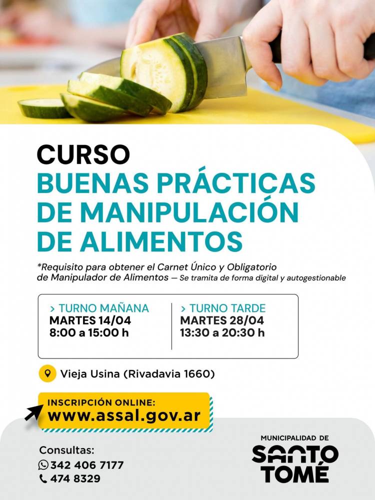 La Municipalidad abre inscripciones para los cursos de Manipulación de Alimentos correspondientes a abril de 2026