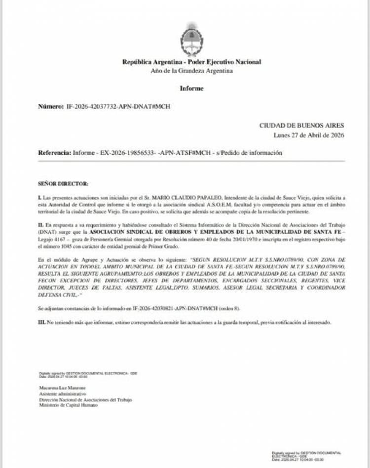 Capital Humano confirmó que ASOEM no tiene esfera de acción en Sauce Viejo