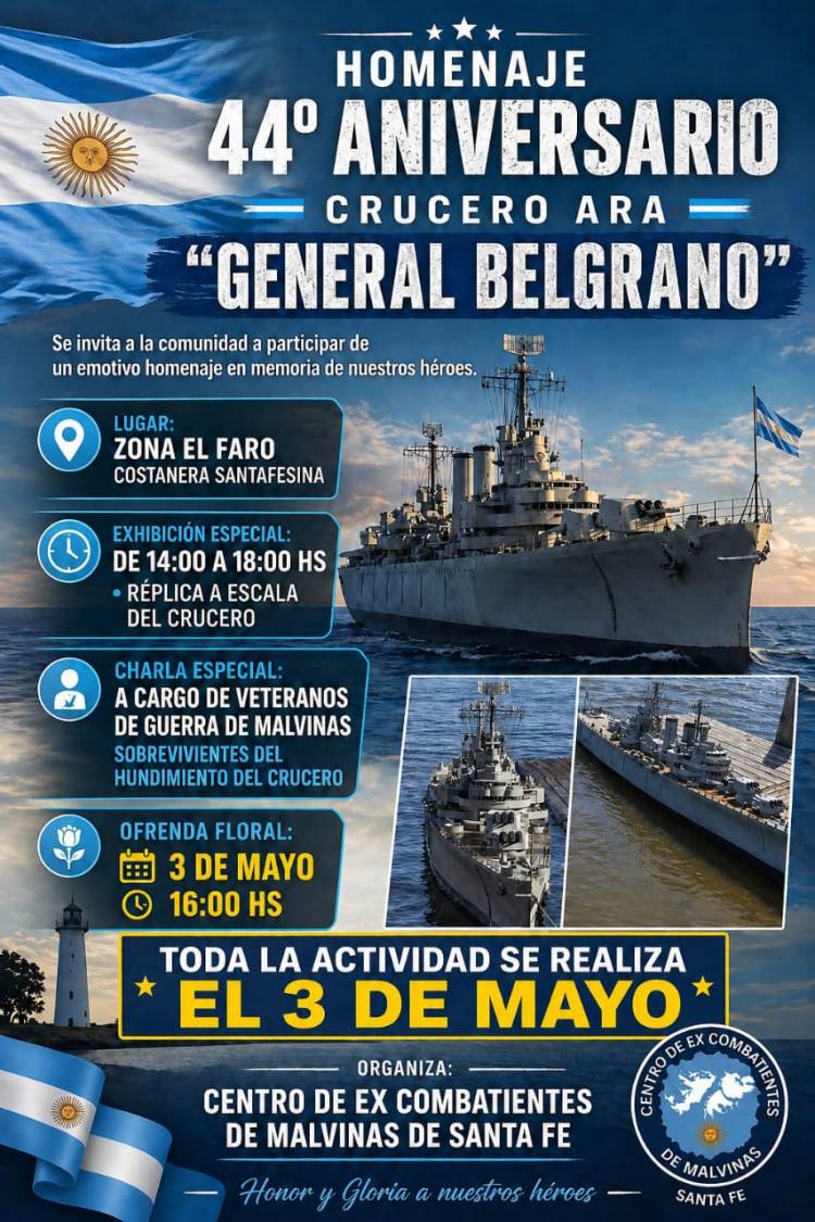 Homenaje a los héroes del ARA Gral. Manuel Belgrano a 44 años de su hundimiento