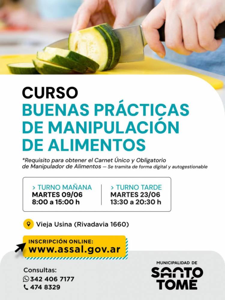 La Municipalidad informa nuevas capacitaciones para la obtención del Carnet de Manipulador de Alimentos